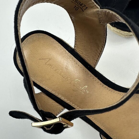 American Eagle Wedge Sandals Womens 7 Black Faux Suede Espadrille Ankle Strap - Picture 10 of 12